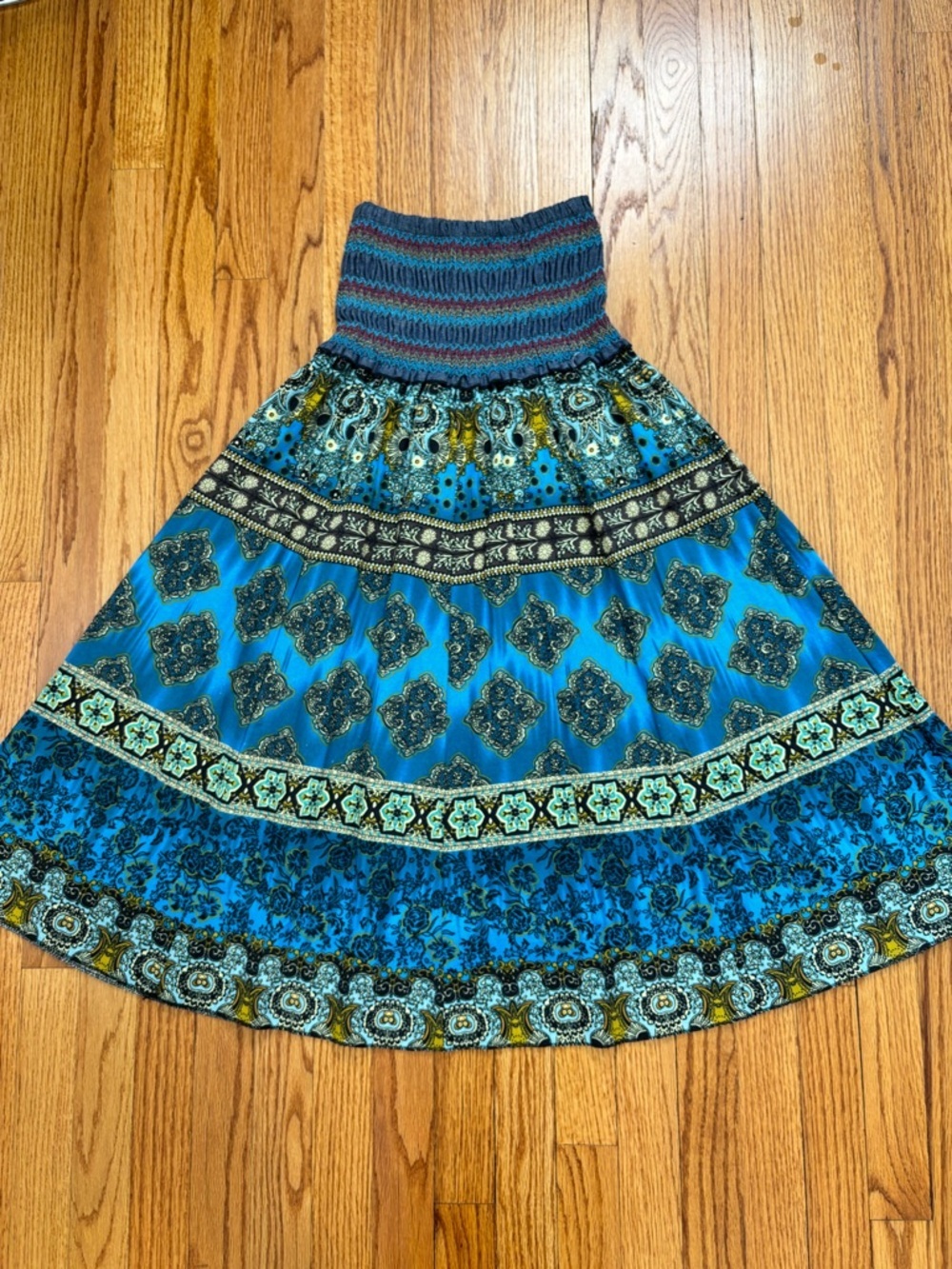 NEW Y2K boho cottage ethnic print smoked high rise pleated A-line Midi Skirt XS - Picture 10 of 16